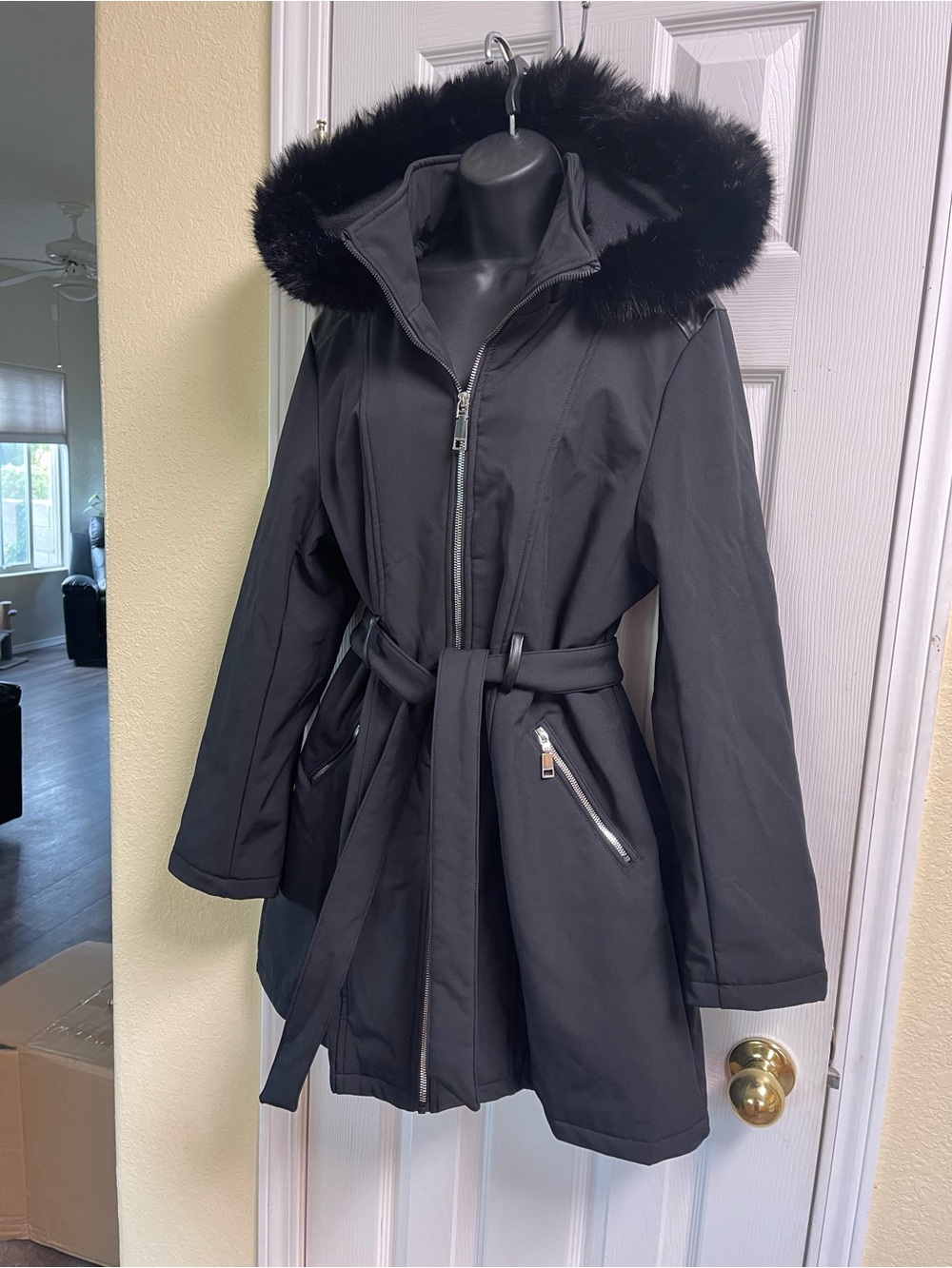 Rebecca Minkoff Black Hooded Belted Trench Coat with Faux Fur Trim